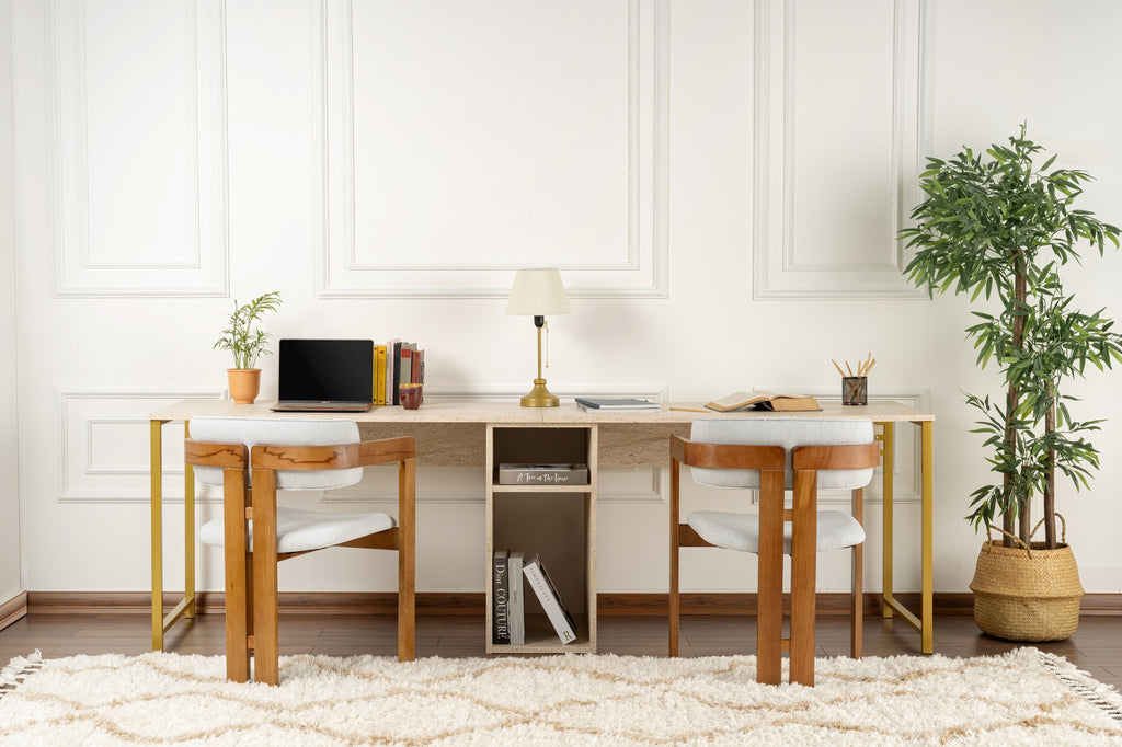 Twin Study Desk - Bureau - Travertine/Doré