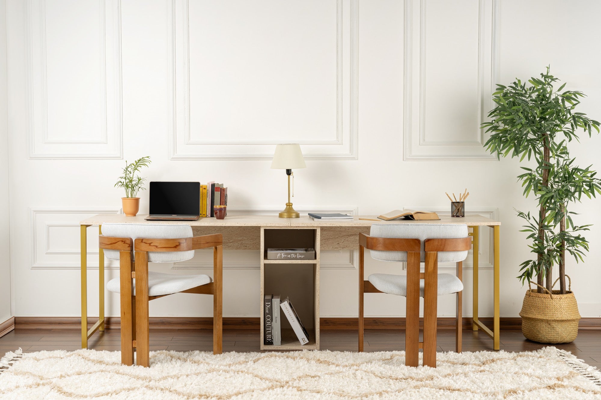 Twin Study Desk - Bureau - Travertine/Doré