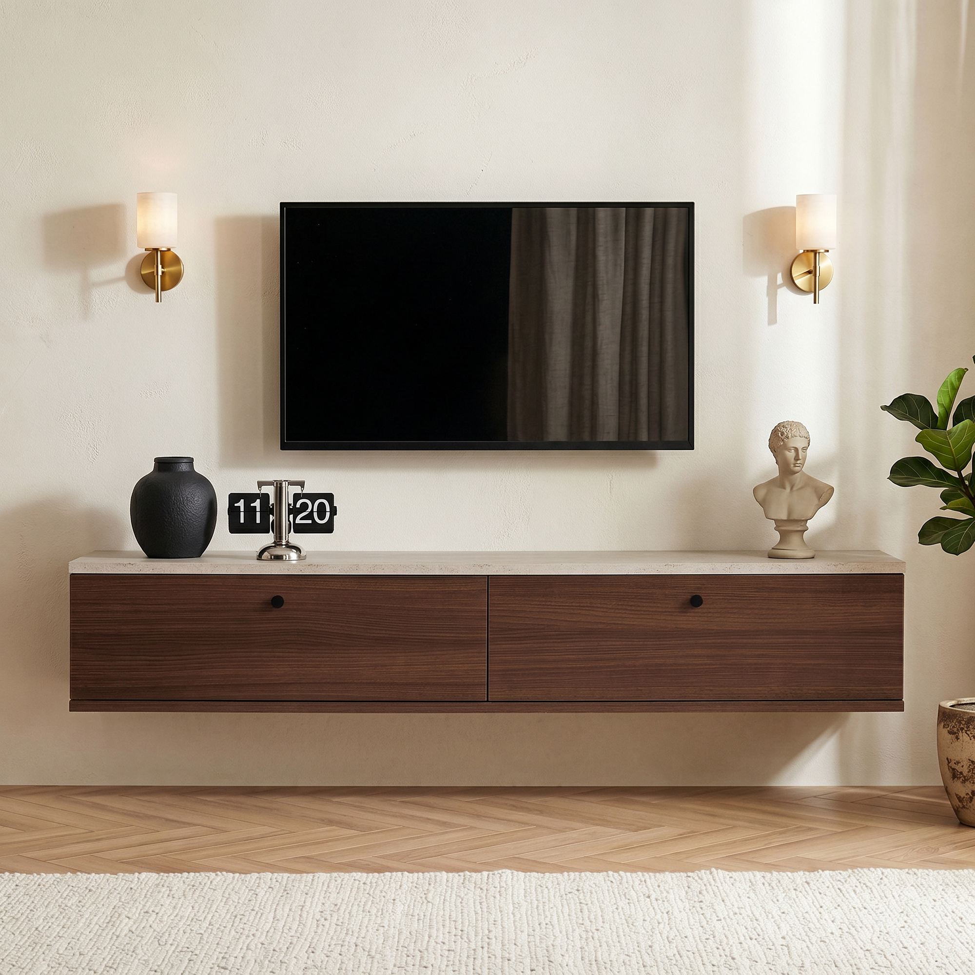 Meubles Tv Ligne 140 - Travertin / Noyer