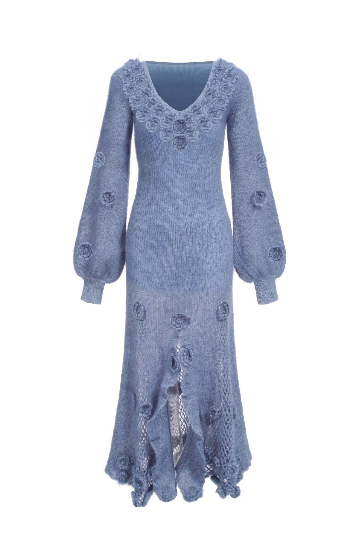 Gehaakte jurk van mohairmix met bloemen - Blauw