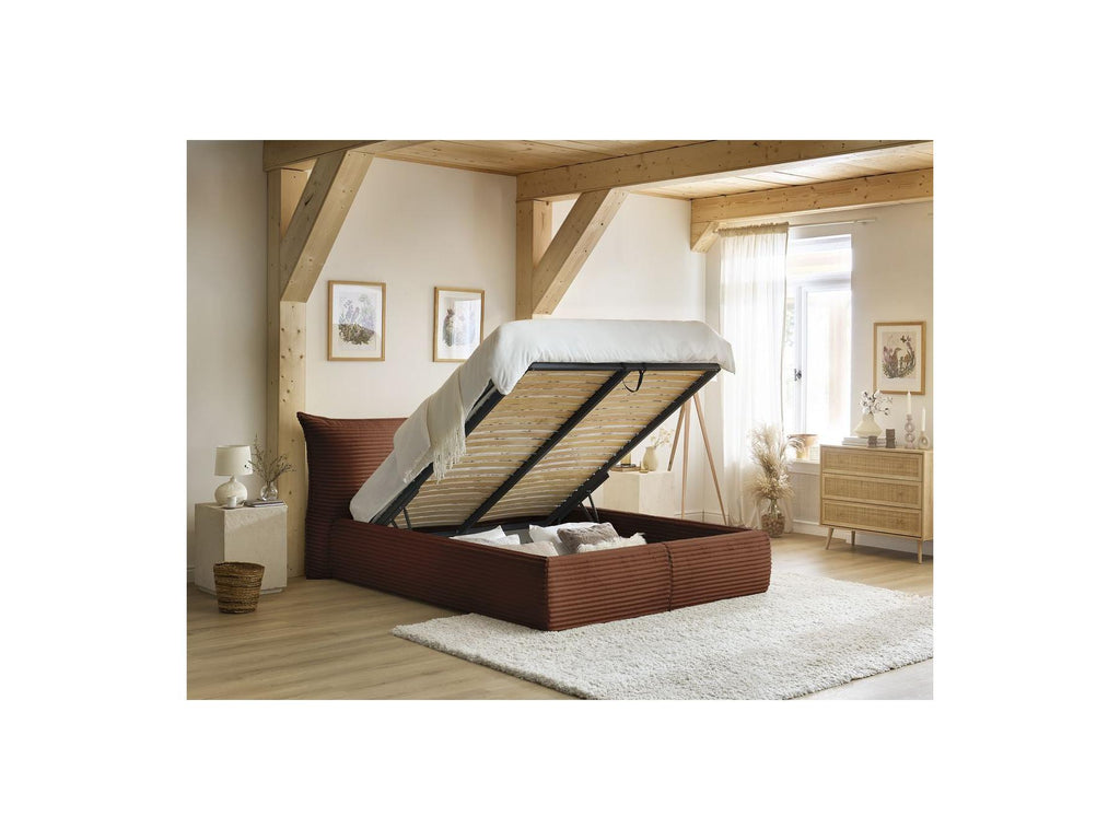 Jade - Cama con arcón con cabecero efecto almohada - Pana gruesa suave