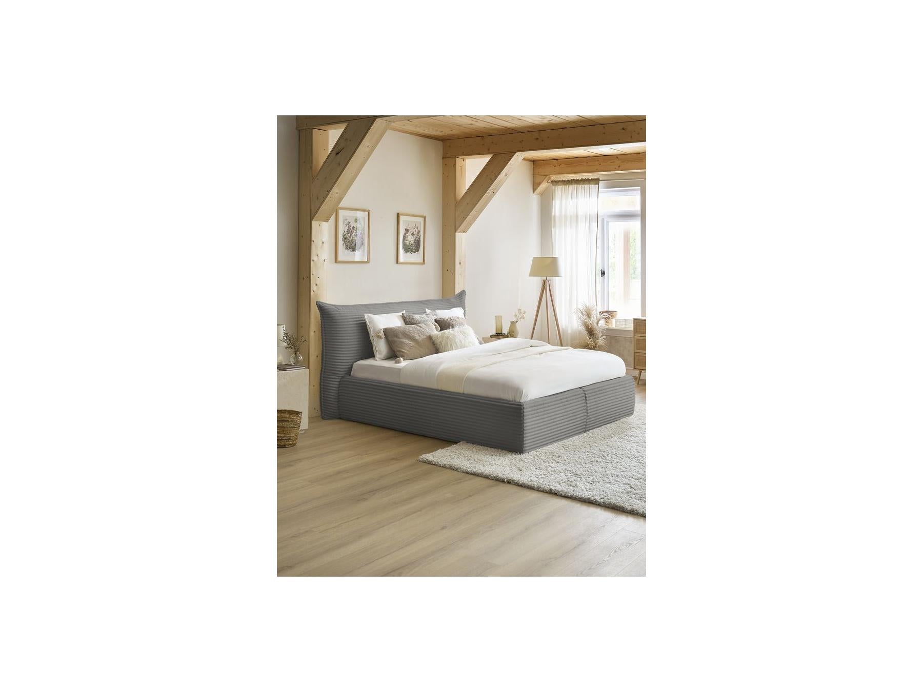 Jade - Cama con arcón con cabecero efecto almohada - Pana gruesa suave
