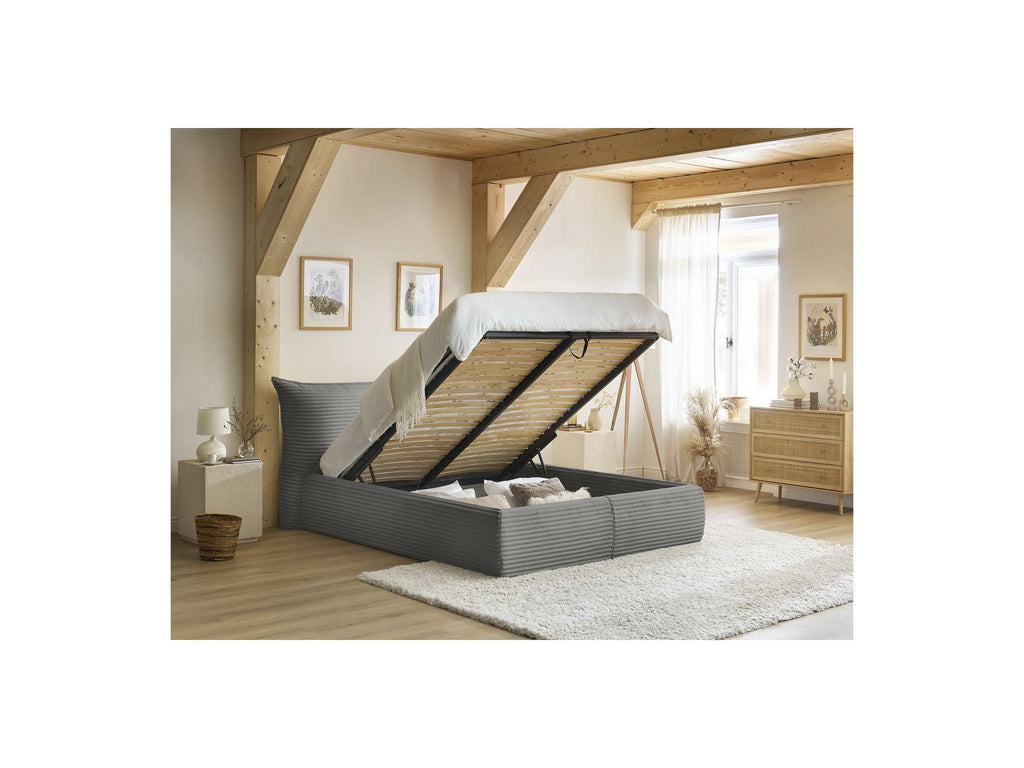 Jade - Cama con arcón con cabecero efecto almohada - Pana gruesa suave
