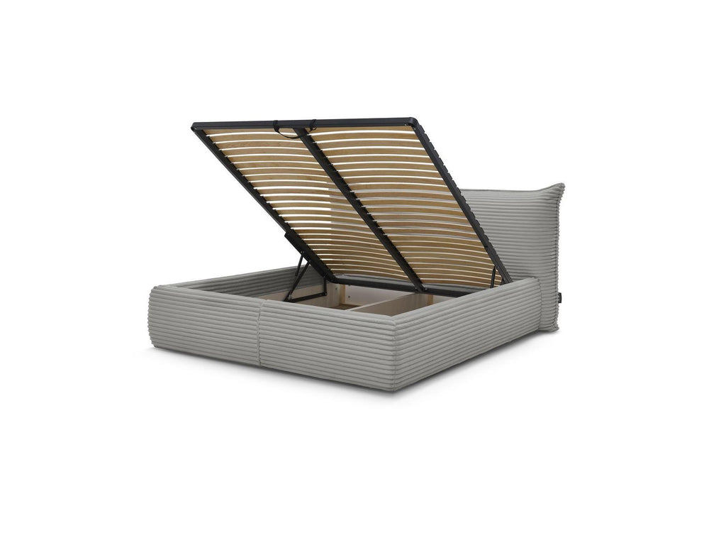 Jade - Cama con arcón con cabecero efecto almohada - Pana gruesa suave