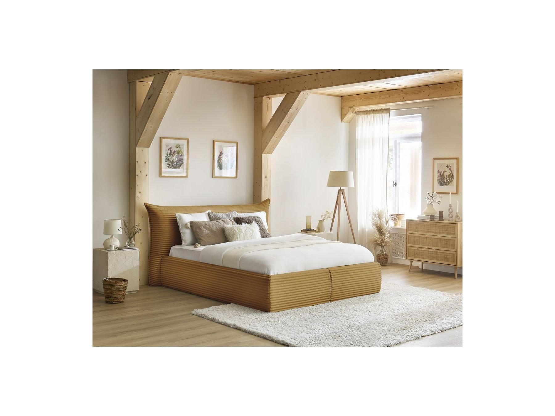 Jade - Cama con arcón con cabecero efecto almohada - Pana gruesa suave
