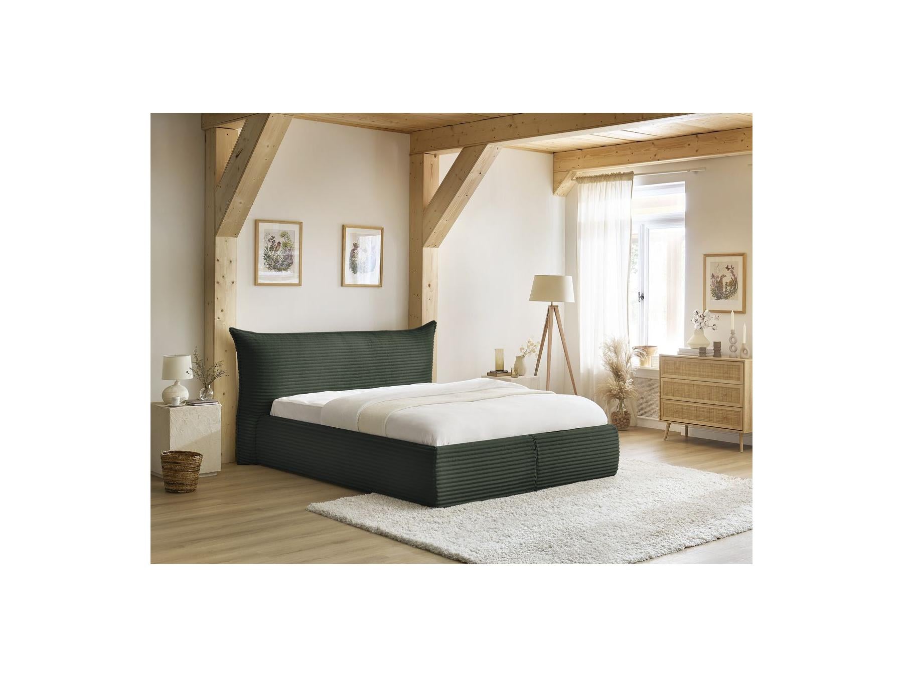 Jade - Cama con arcón con cabecero efecto almohada - Pana gruesa suave