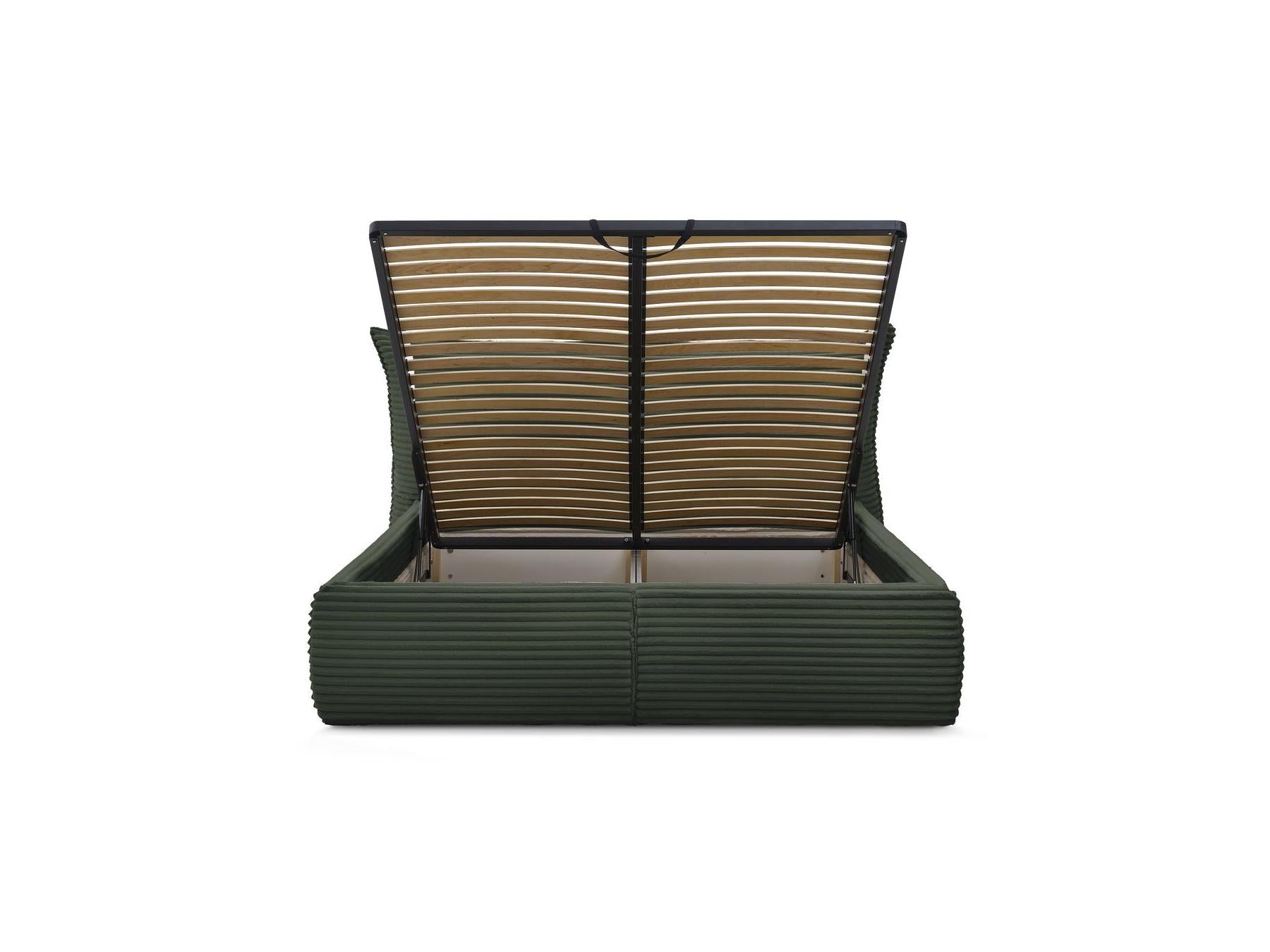 Jade - Cama con arcón con cabecero efecto almohada - Pana gruesa suave