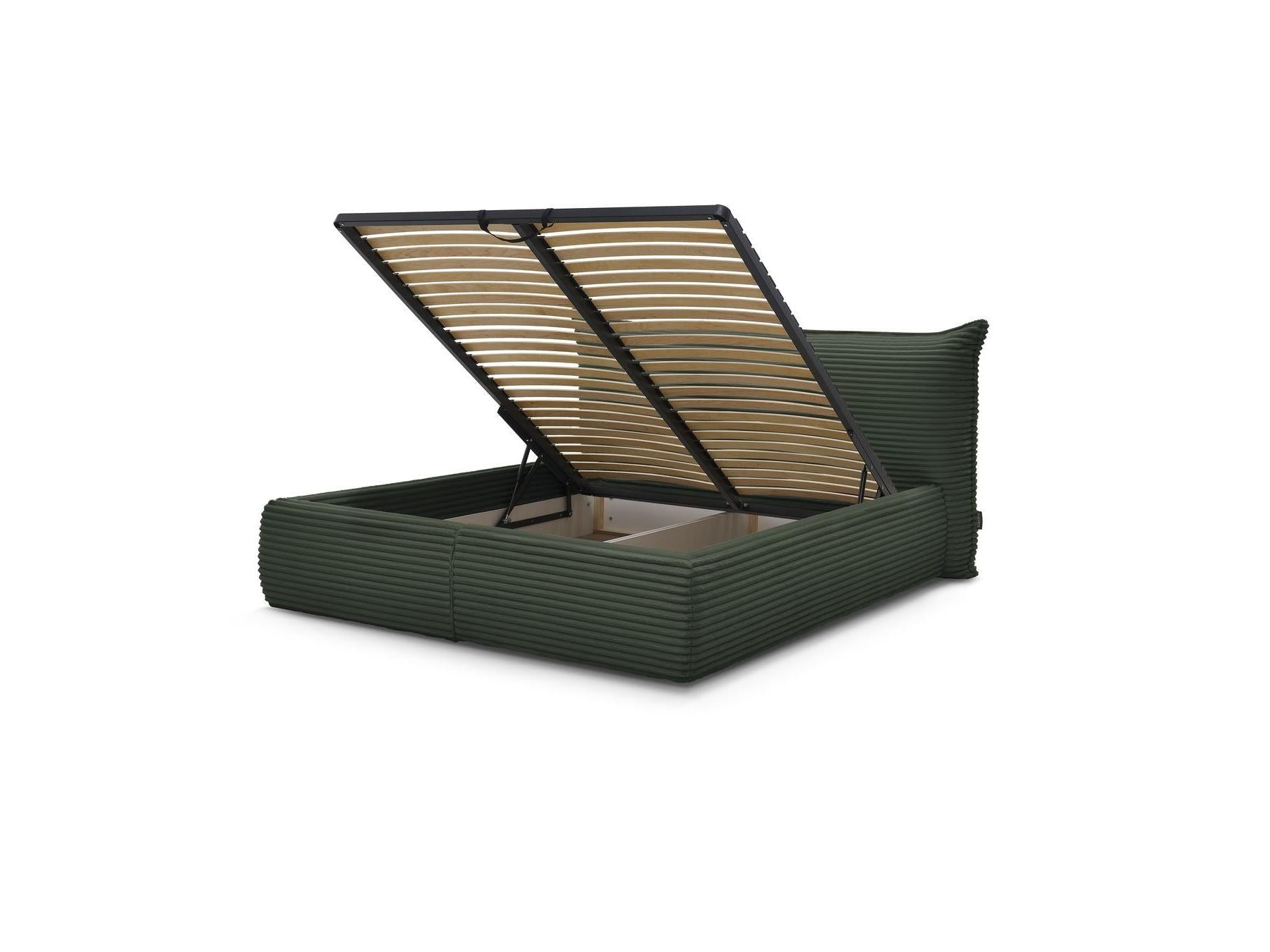 Jade - Cama con arcón con cabecero efecto almohada - Pana gruesa suave