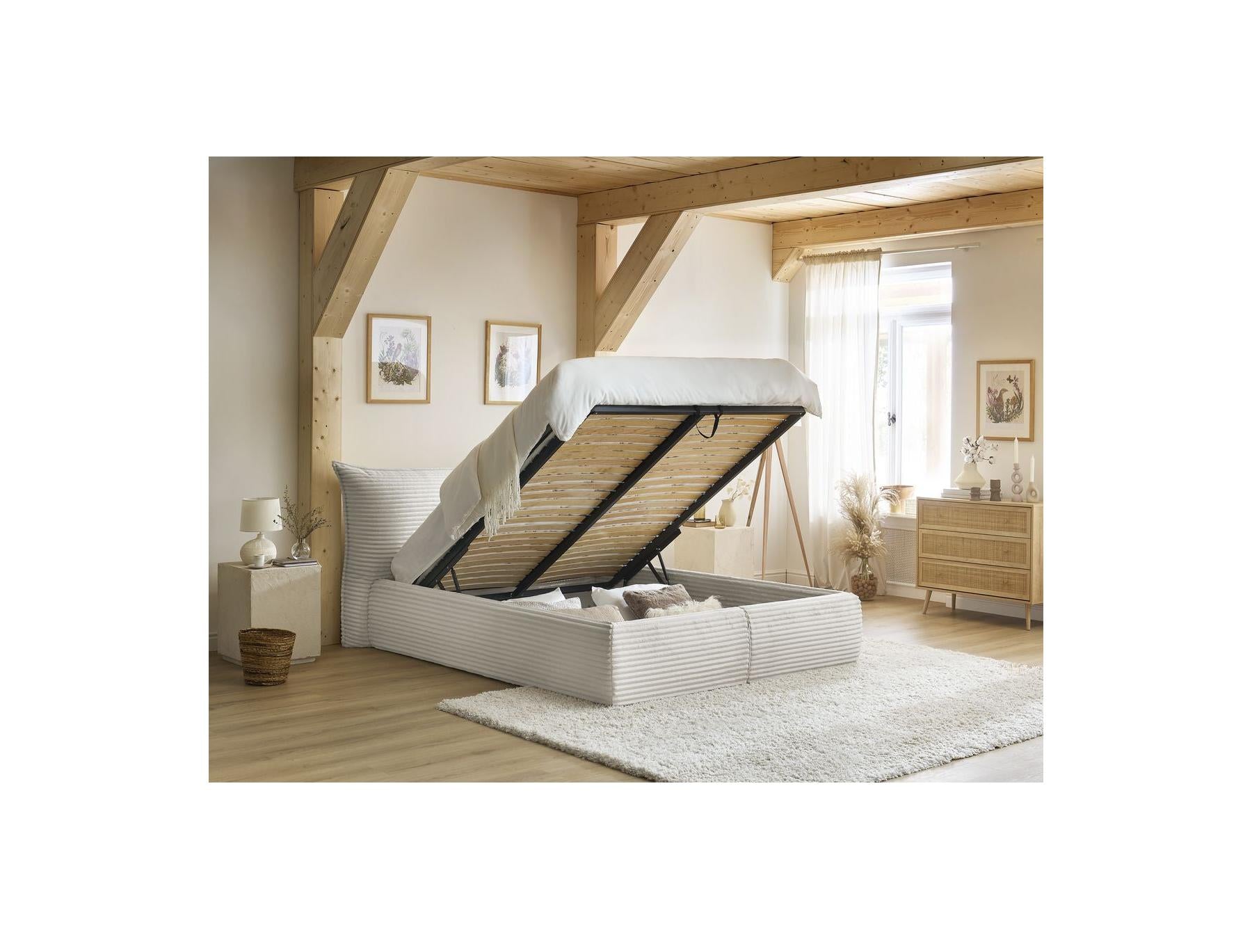 Jade - Cama con arcón con cabecero efecto almohada - Pana gruesa suave