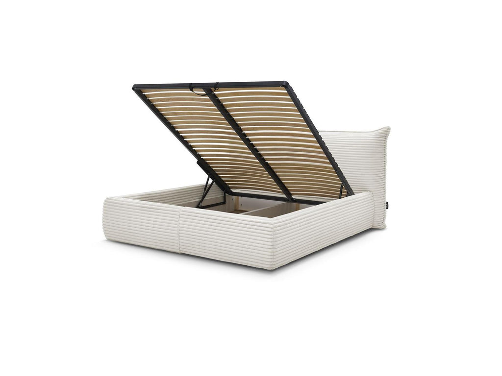 Jade - Cama con arcón con cabecero efecto almohada - Pana gruesa suave