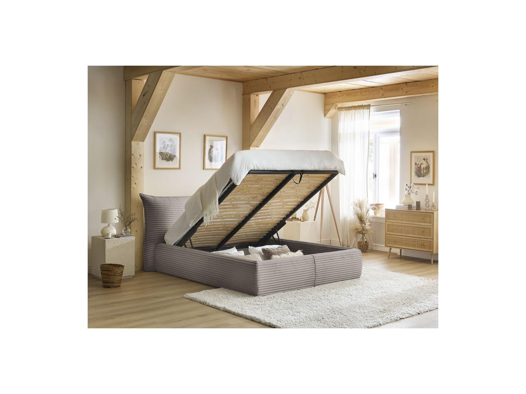 Jade - Cama con arcón con cabecero efecto almohada - Pana gruesa suave