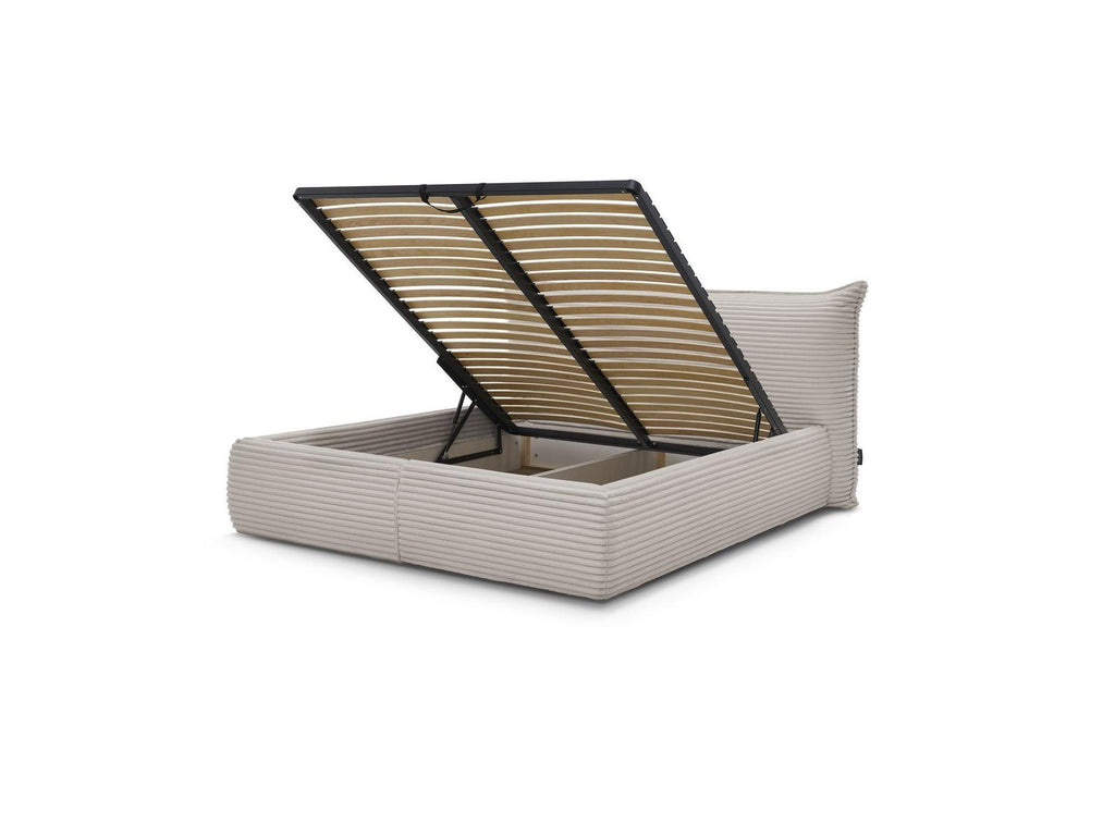 Jade - Cama con arcón con cabecero efecto almohada - Pana gruesa suave