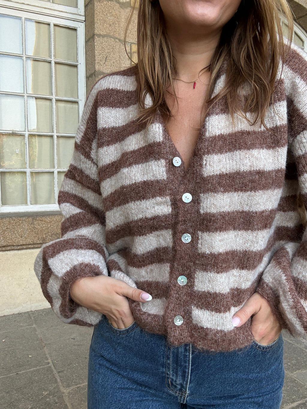 Cardigan Véra Rayé Camel Et Beige