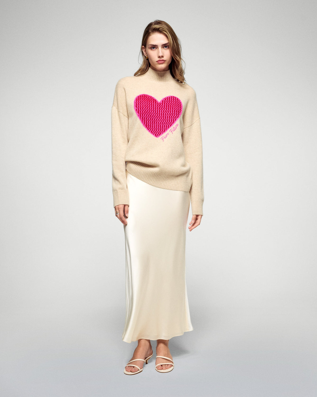 Pull Col Montant Cœur - Beige Chiné - Femme