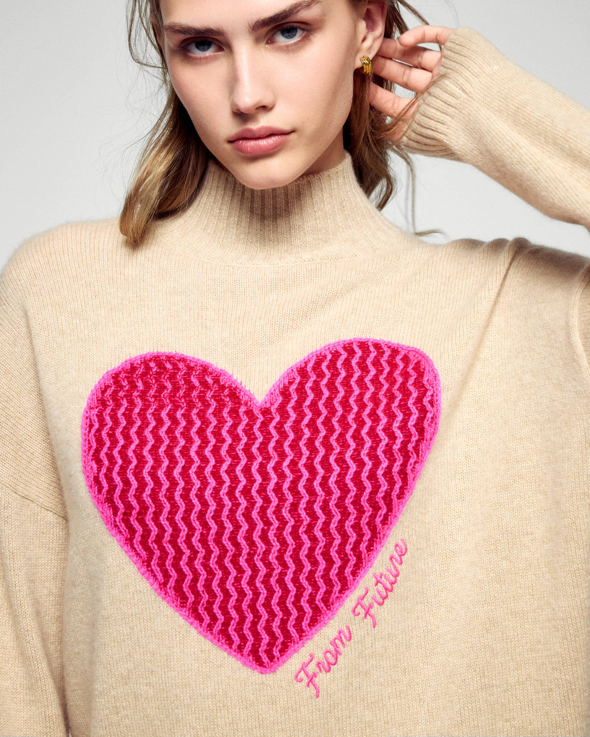 Pull Col Montant Cœur - Beige Chiné - Femme