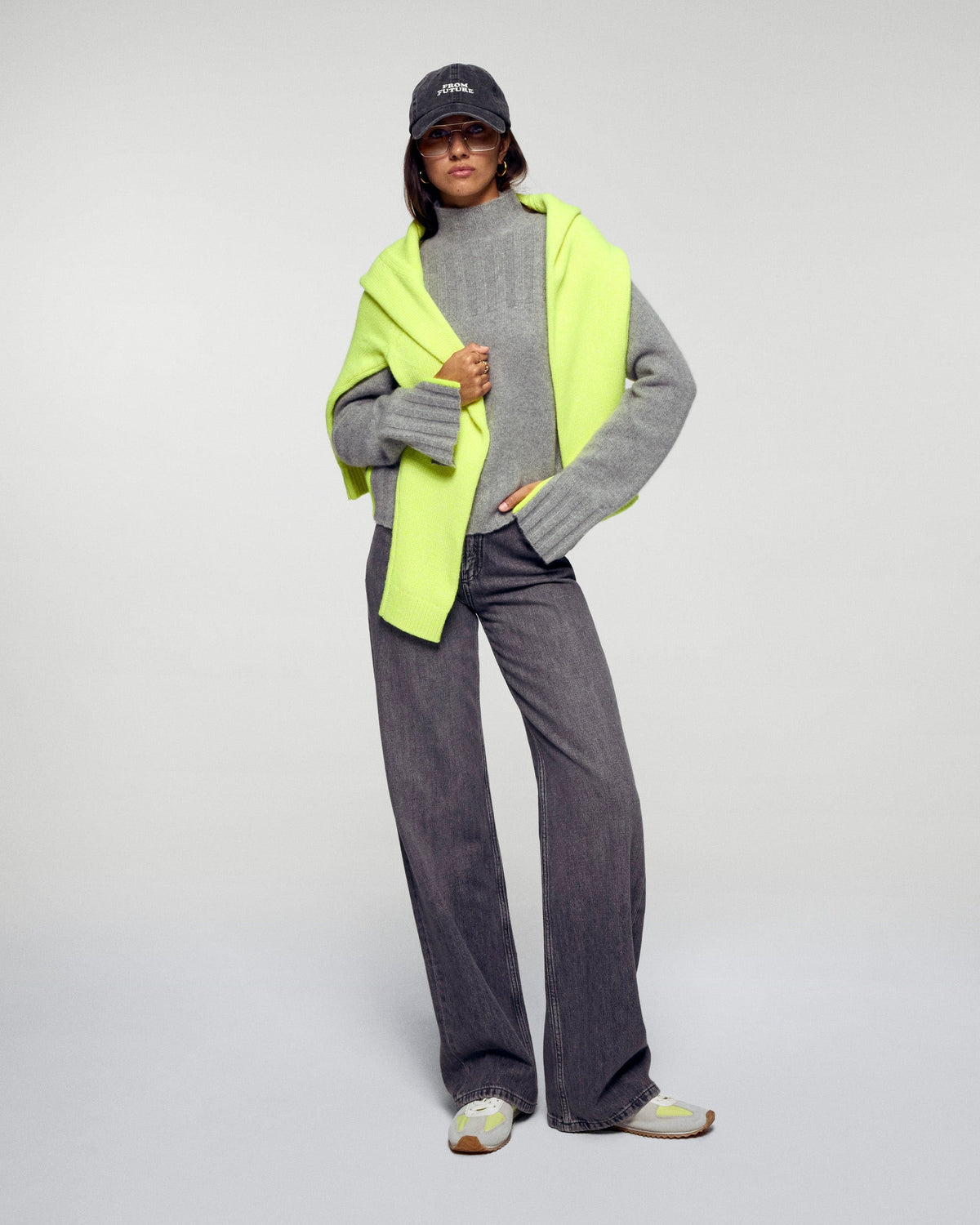 High-Neck Jumper with Contrasting Piping - Dark Mottled Grey - Women