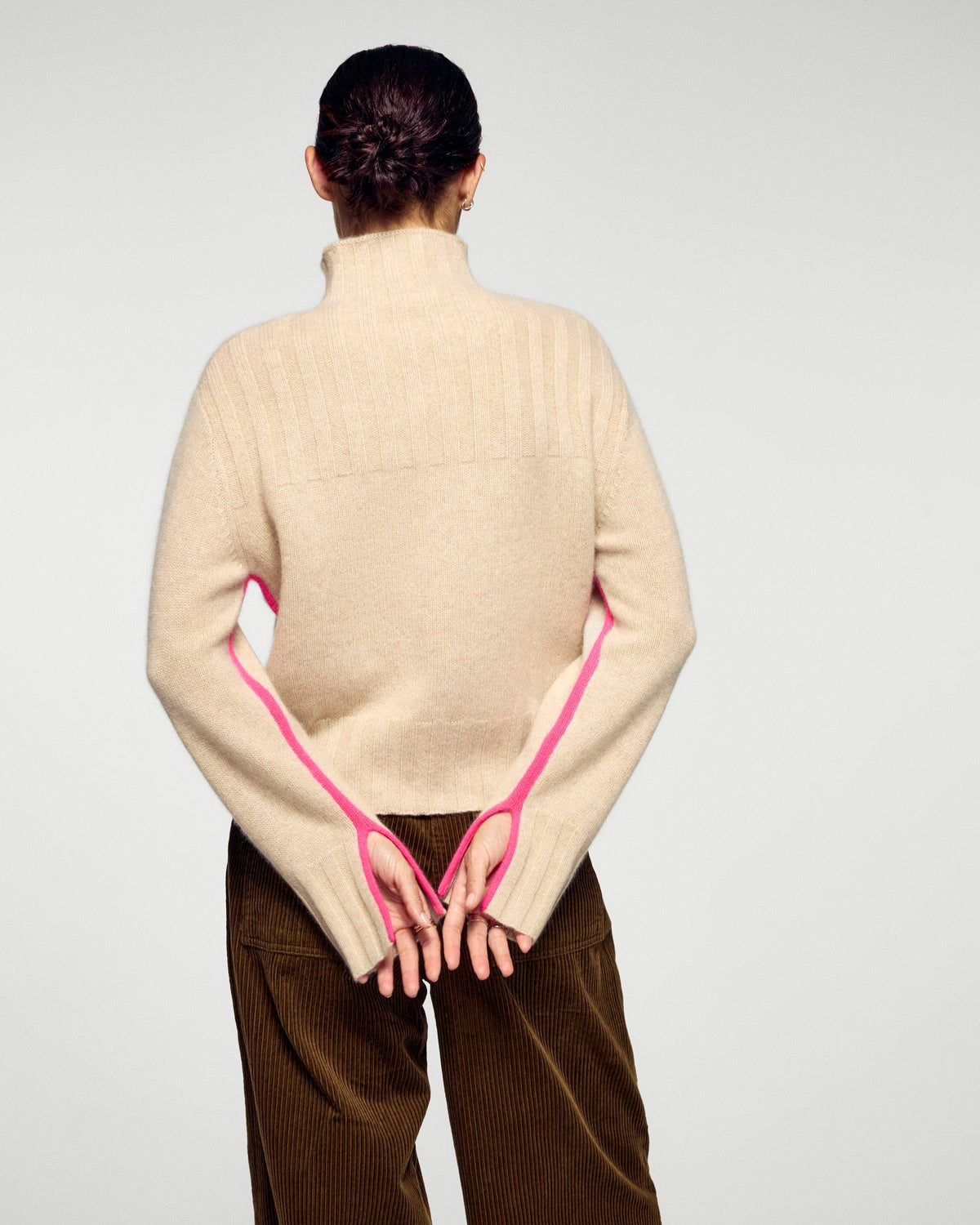 Pull Col Montant Liserés Contrastés - Beige Chiné - Femme