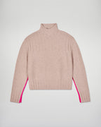 Pull Col Montant Liserés Contrastés - Beige Chiné - Femme
