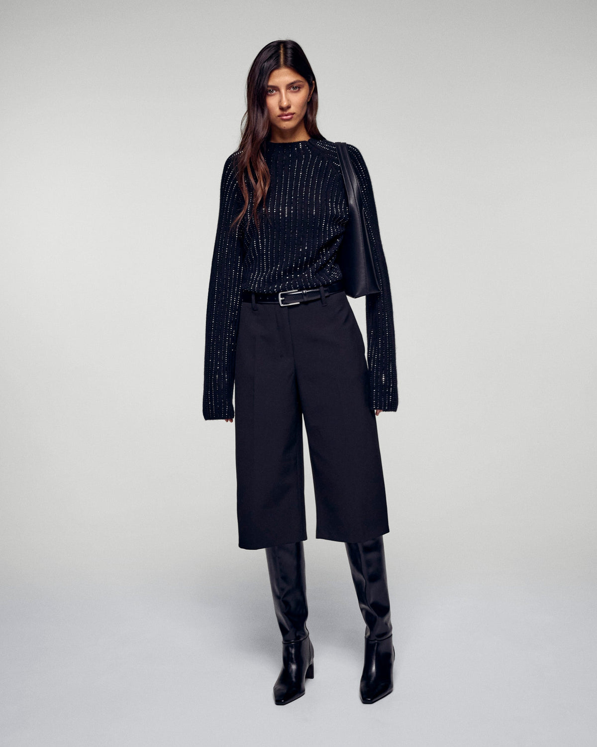 Pull Col Montant À Cotes Et Strass - Noir - Femme