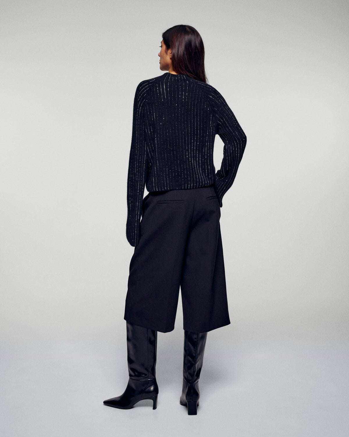 Pull Col Montant À Cotes Et Strass - Noir - Femme