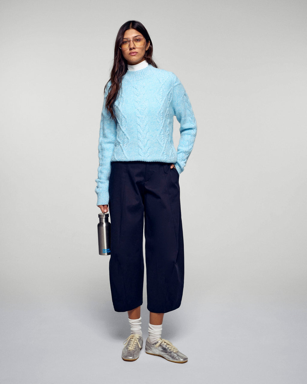 Cable-Knit High-Neck Jumper - Fairytale Blue - Women