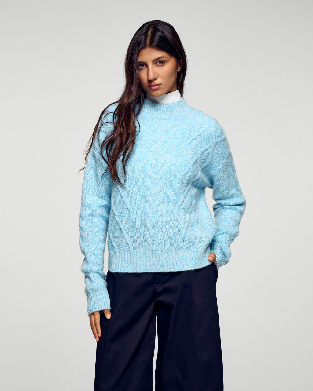Cable-Knit High-Neck Jumper - Fairytale Blue - Women