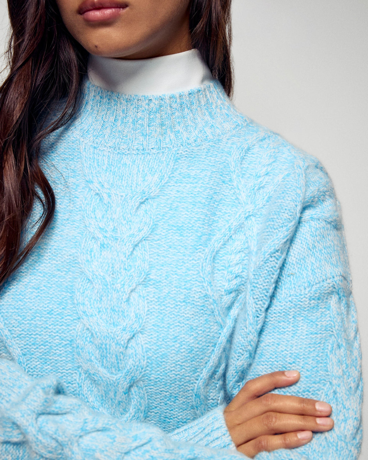 Cable-Knit High-Neck Jumper - Fairytale Blue - Women