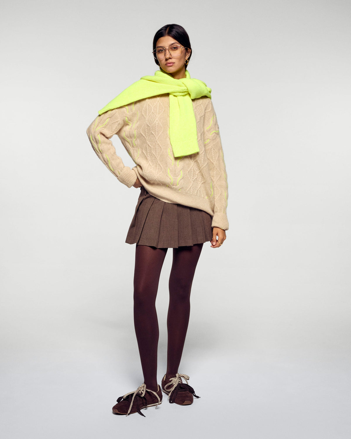Maglione Girocollo A Trecce Bicolori - Beige Chiné - Donna