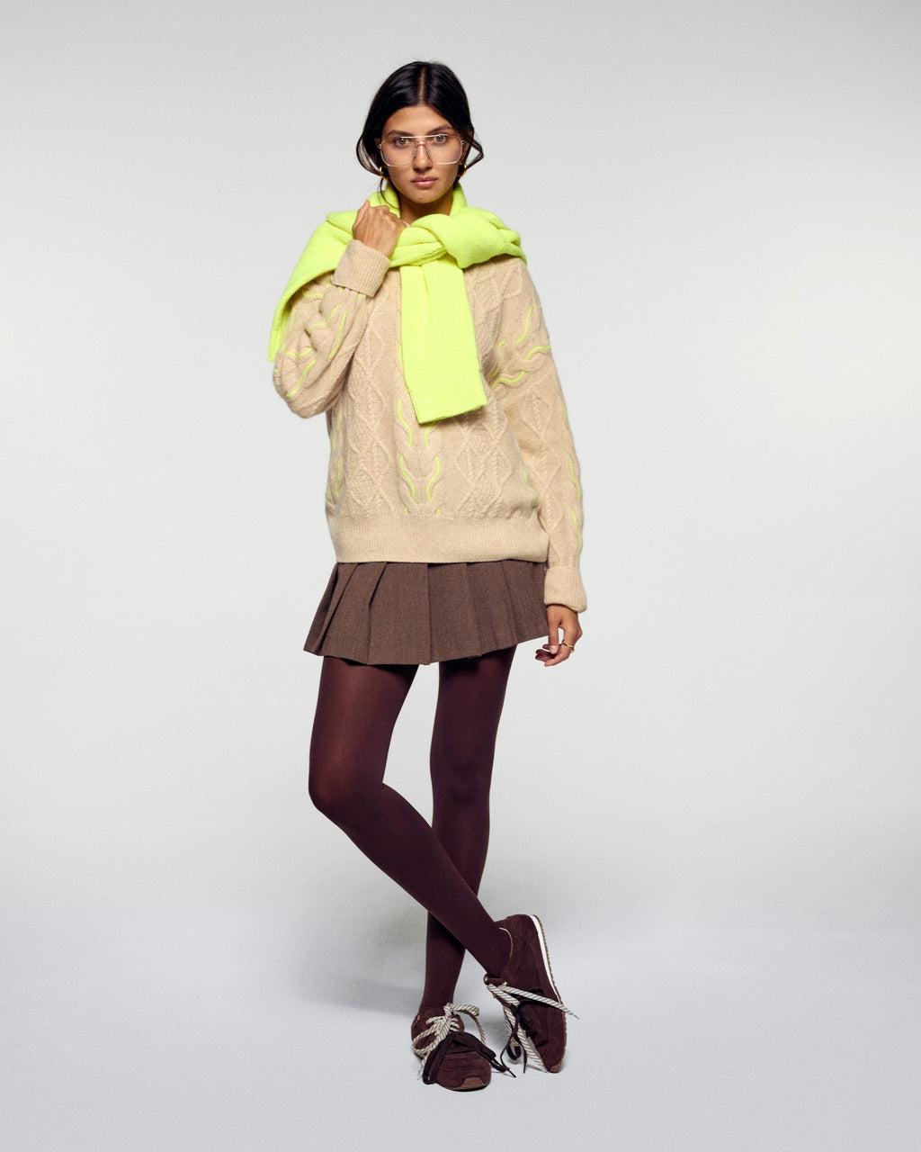 Maglione Girocollo A Trecce Bicolori - Beige Chiné - Donna