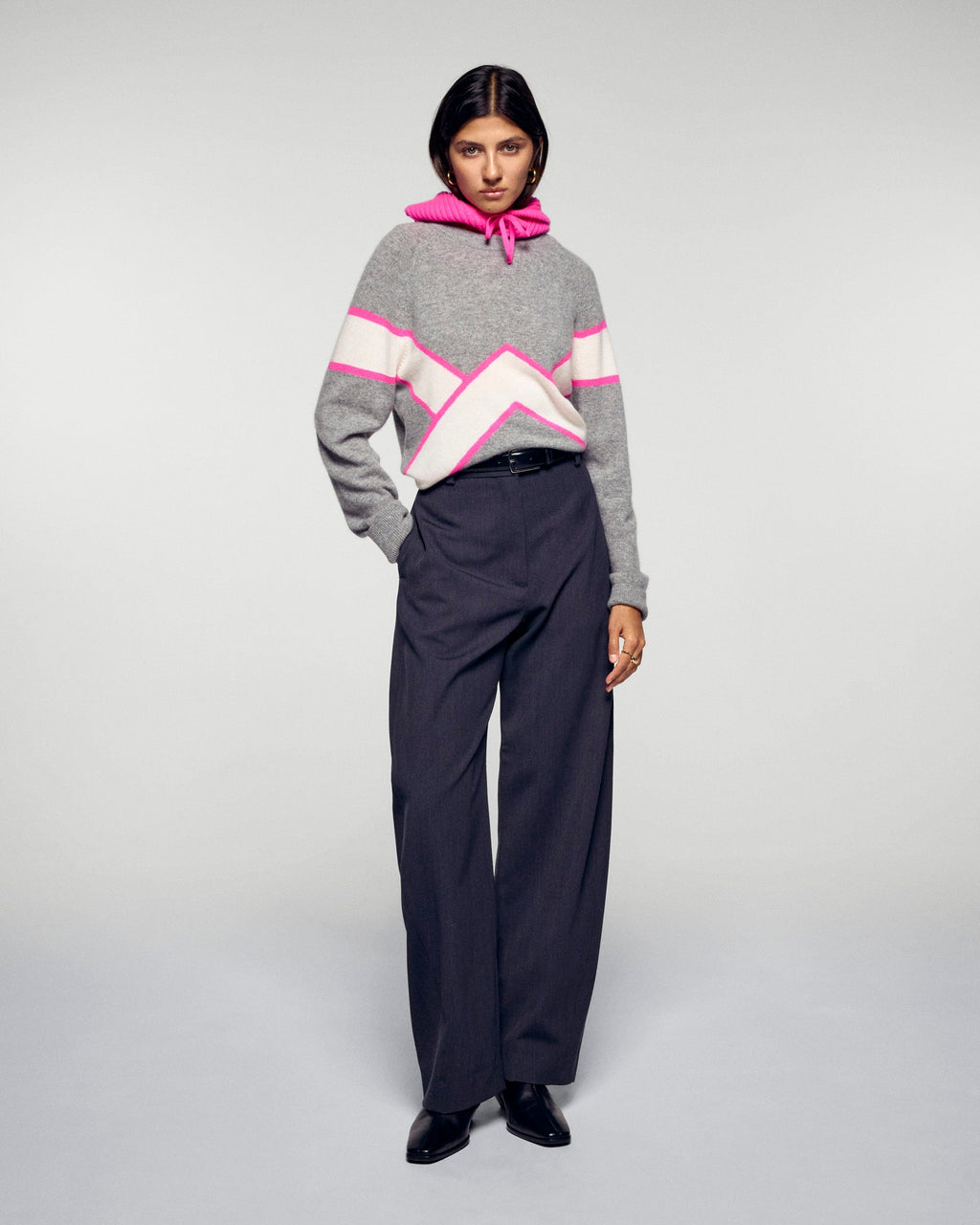 Maglione Girocollo Con Righe A Contrasto - Grigio Melange Scuro - Donna