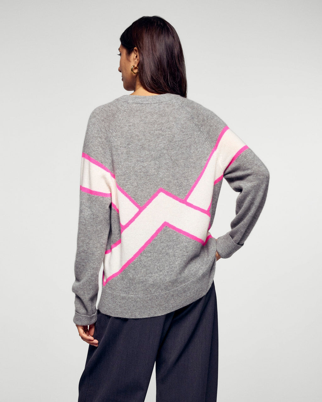 Maglione Girocollo Con Righe A Contrasto - Grigio Melange Scuro - Donna