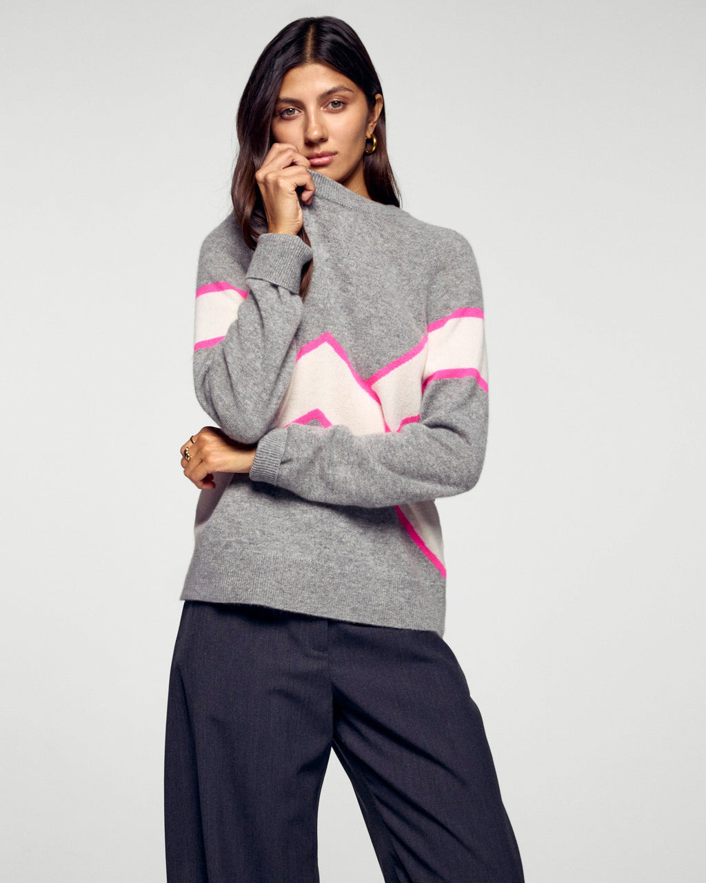 Maglione Girocollo Con Righe A Contrasto - Grigio Melange Scuro - Donna