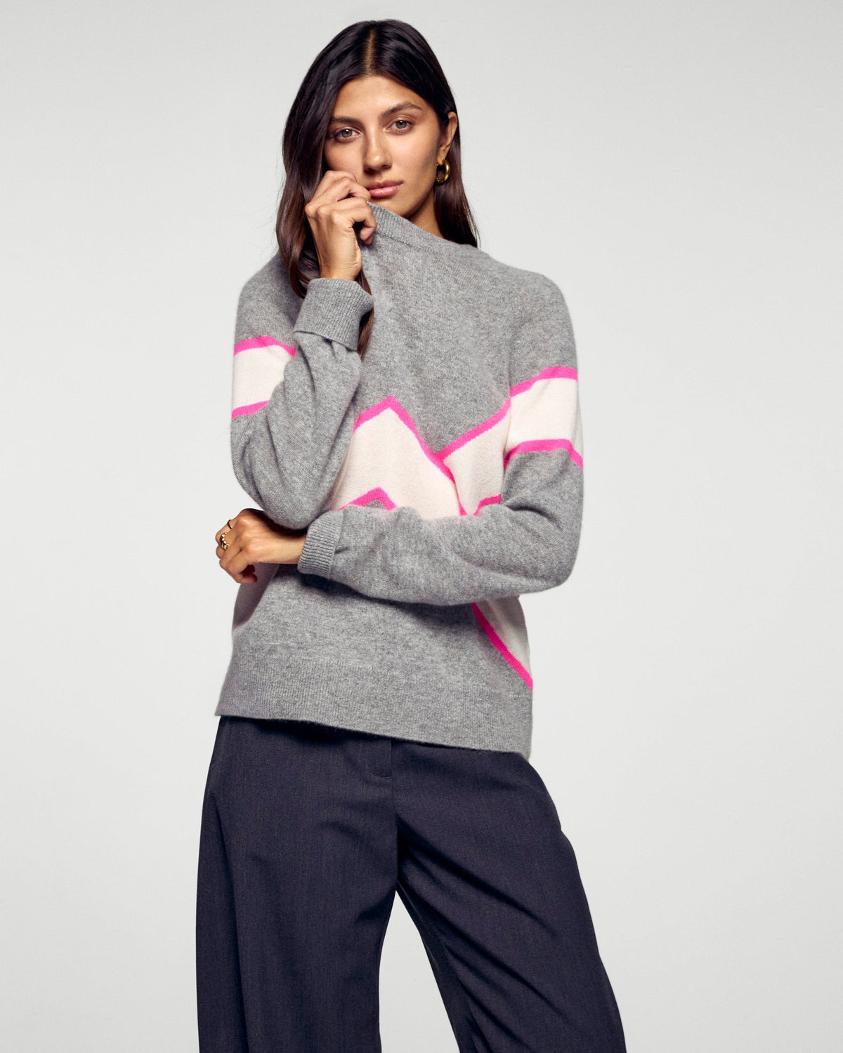 Maglione Girocollo Con Righe A Contrasto - Grigio Melange Scuro - Donna