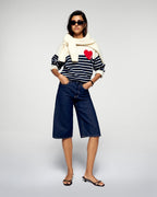 Maglione Girocollo a Righe Cuore - Ecru - Donna