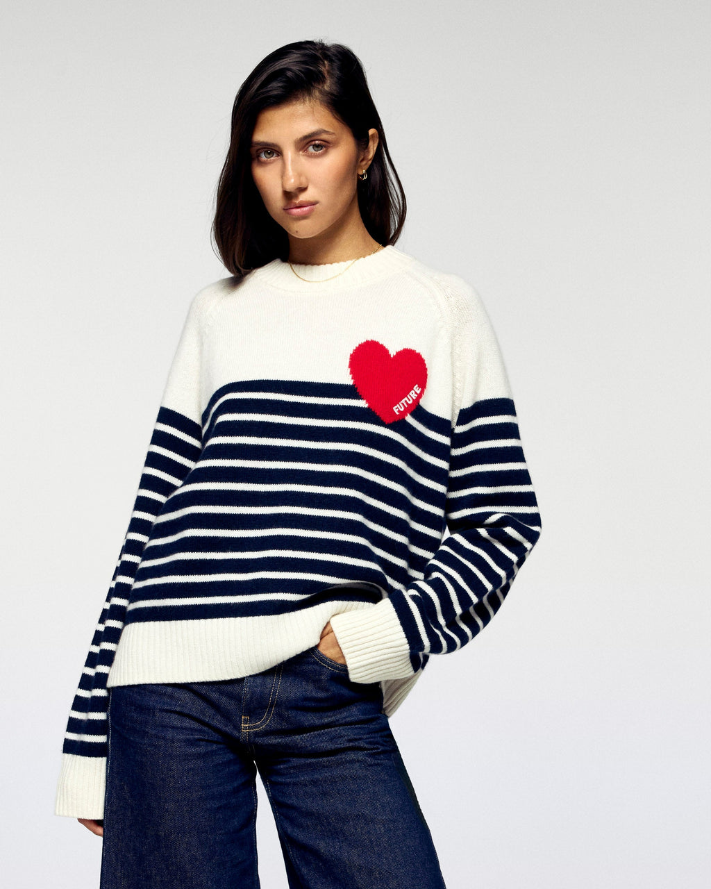 Maglione Girocollo a Righe Cuore - Ecru - Donna