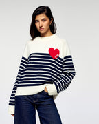 Maglione Girocollo a Righe Cuore - Ecru - Donna