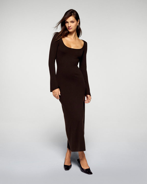 Long-Sleeve Long Dress - Chocolate - Women