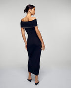 Long Bardot Neckline Rhinestone Dress - Black - Women