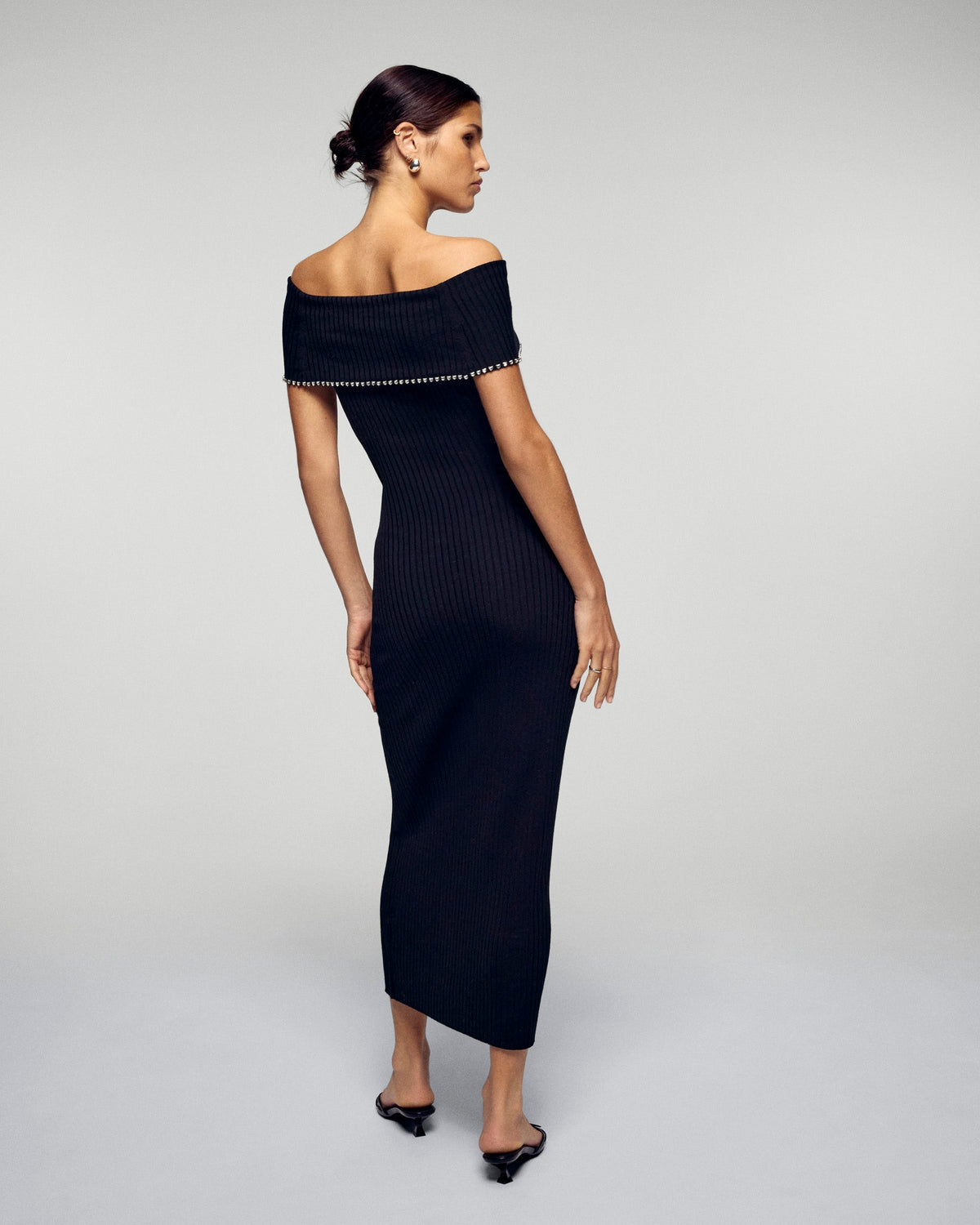 Long Bardot Neckline Rhinestone Dress - Black - Women