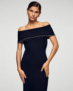 Long Bardot Neckline Rhinestone Dress - Black - Women