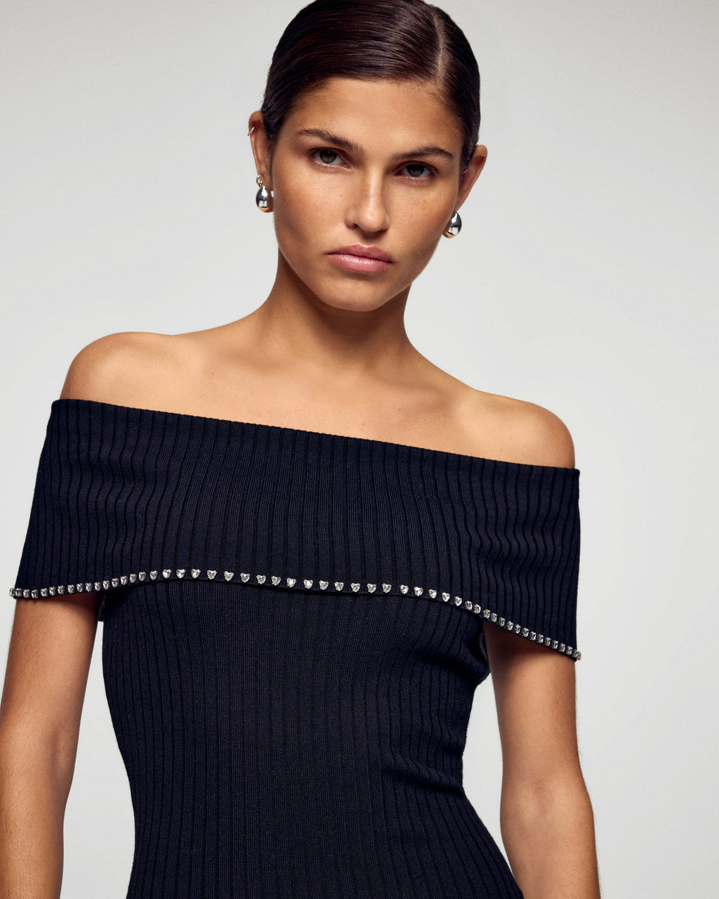 Long Bardot Neckline Rhinestone Dress - Black - Women