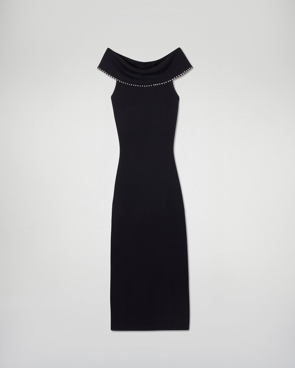 Long Bardot Neckline Rhinestone Dress - Black - Women