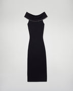 Long Bardot Neckline Rhinestone Dress - Black - Women