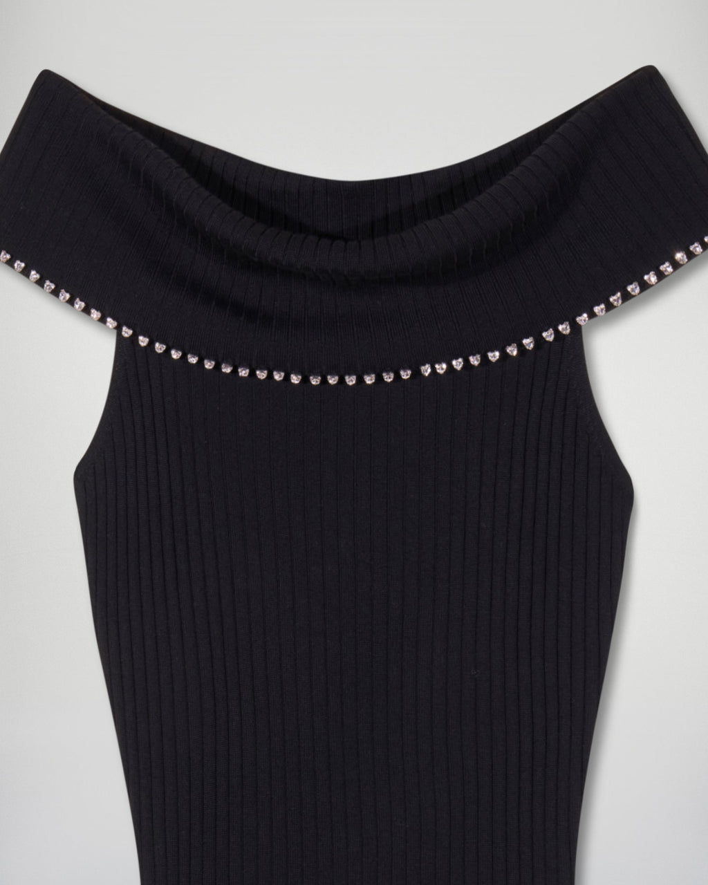 Long Bardot Neckline Rhinestone Dress - Black - Women