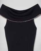 Long Bardot Neckline Rhinestone Dress - Black - Women