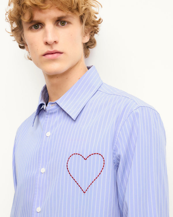 Long-Sleeved Embroidered Heart Shirt - Light Blue Stripe - Men
