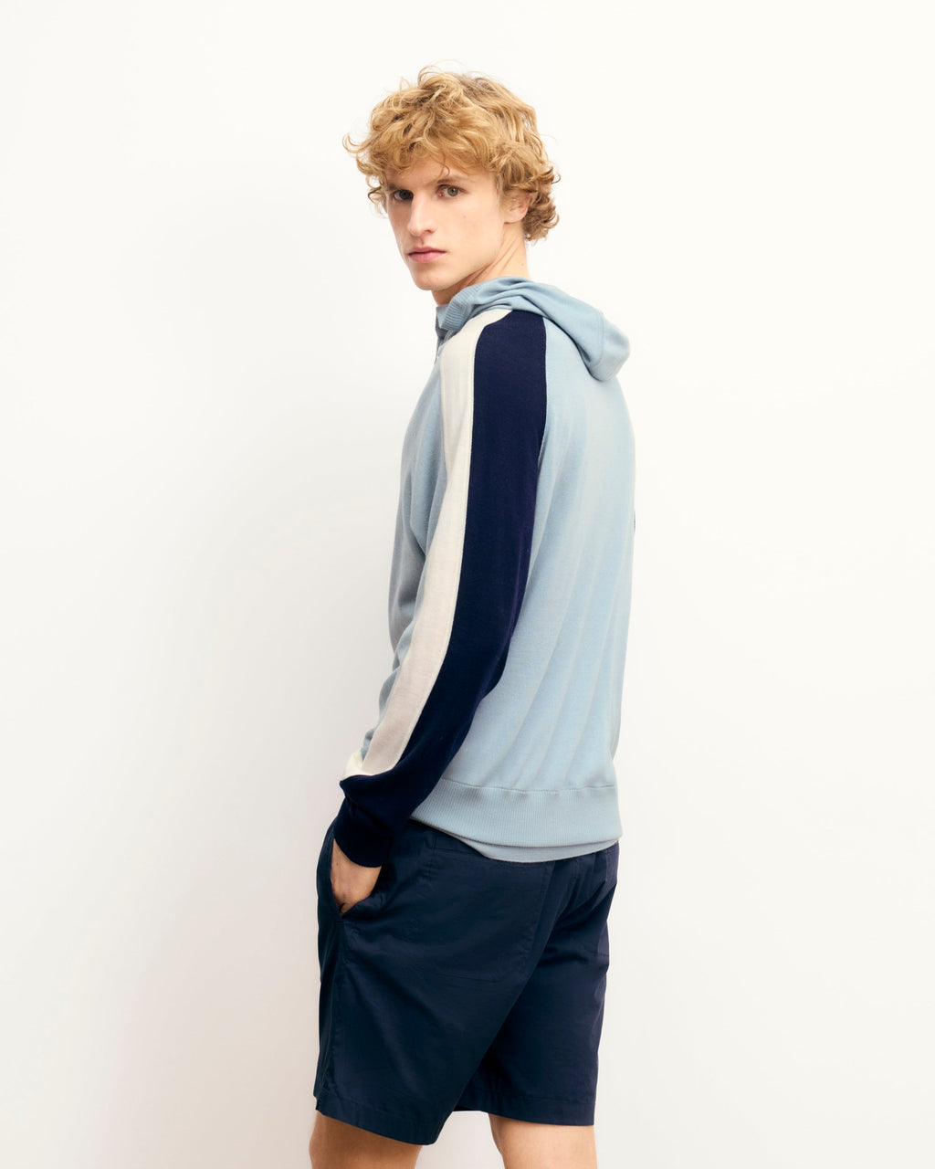 Pull Hoodie Bandes Tricolores Aux Manches - Grey Blue - Homme
