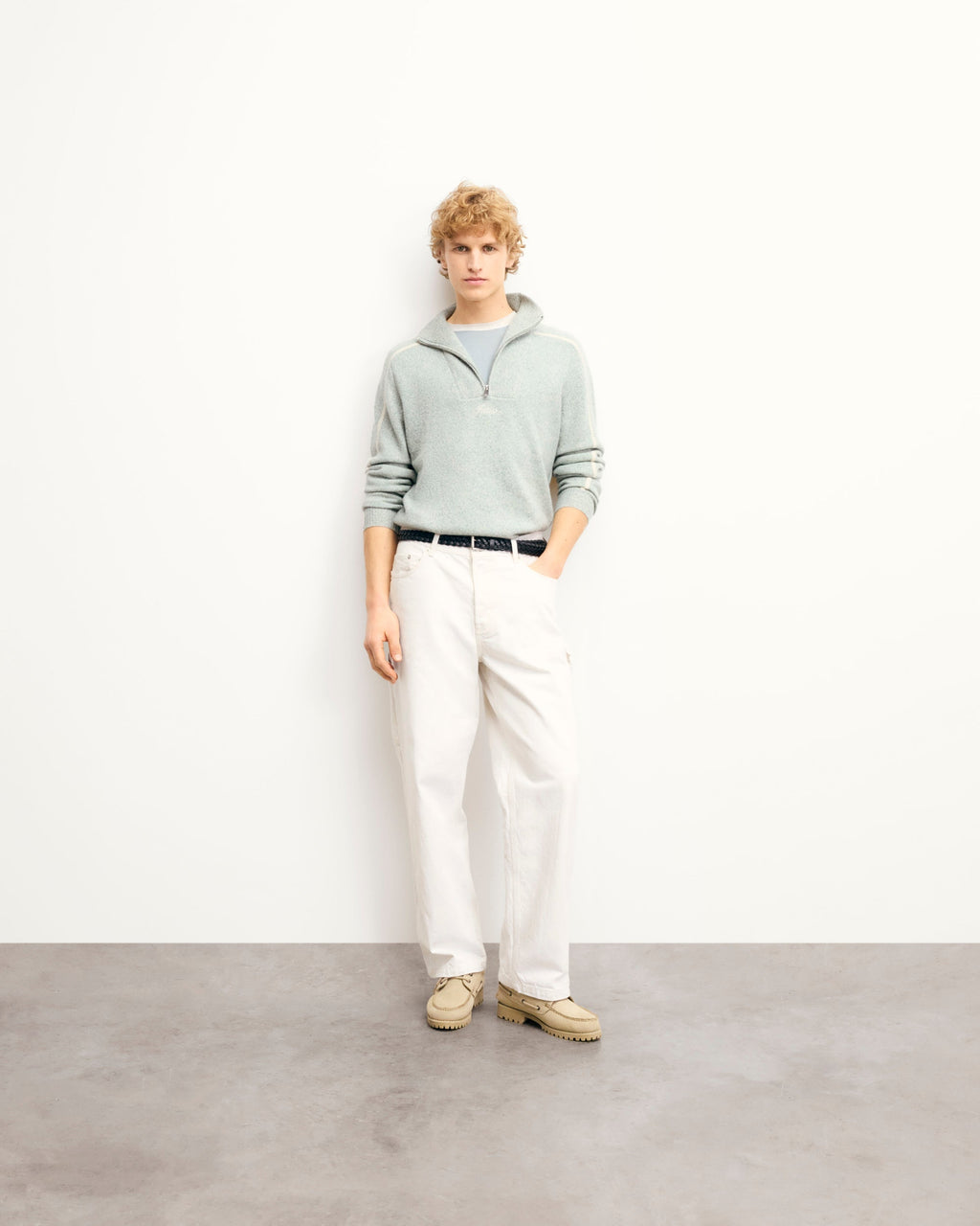 Pull Col Camionneur Bicolore Zippé - Storm Green Mln - Homme