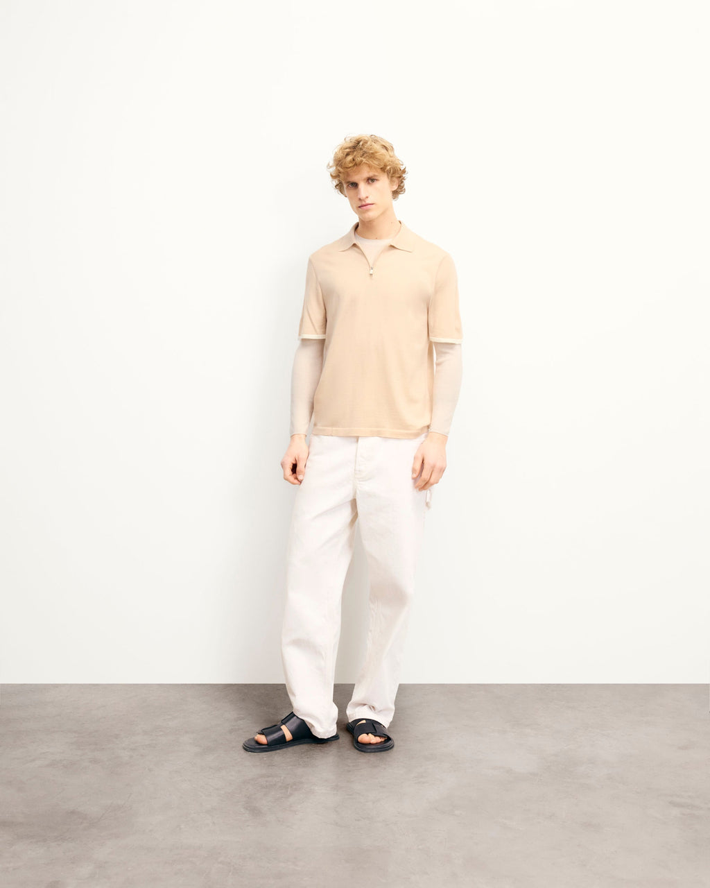 Maglione Collo Polo con Zip - Light Beige - Uomo