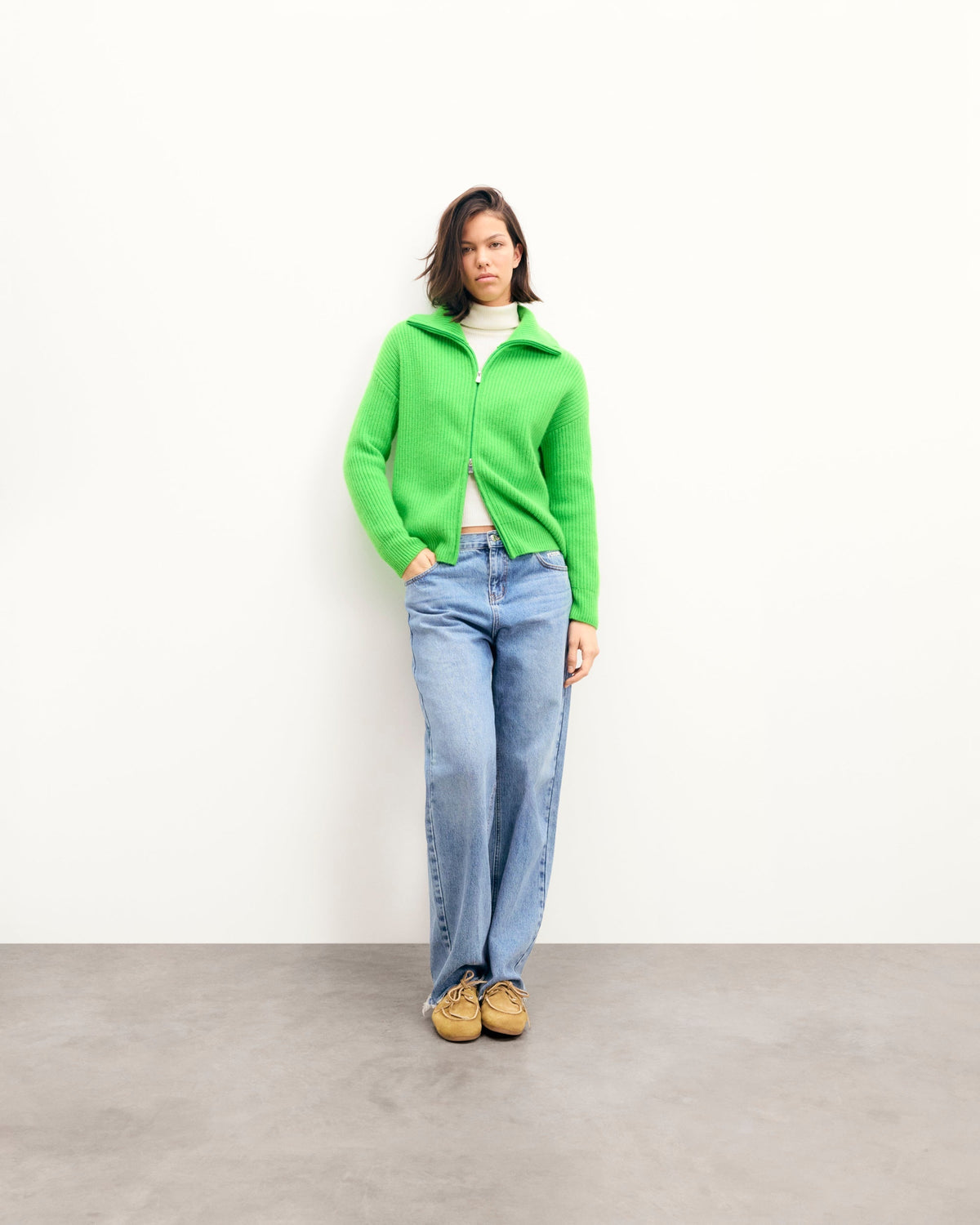 Jersey Cárdigan con Cremallera de Doble Sentido - Verde Disco - Mujer